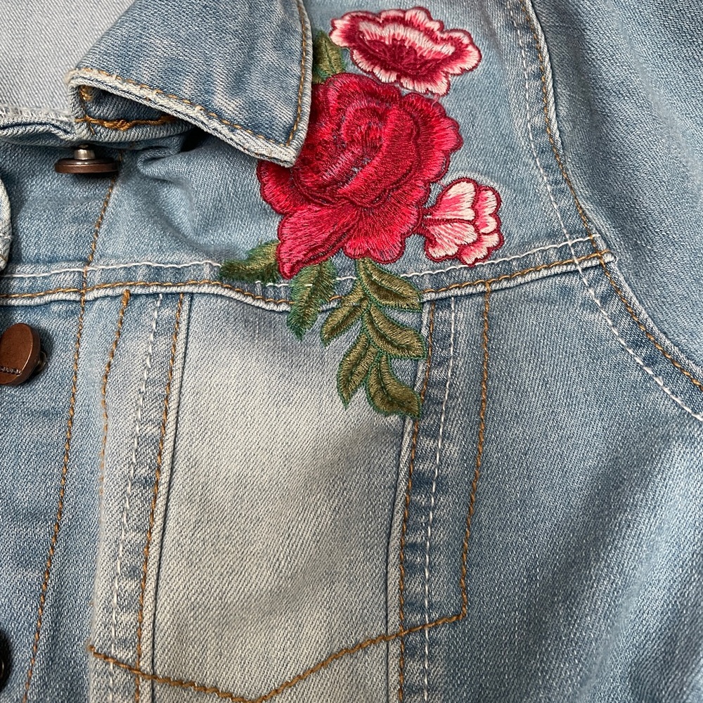 Floral Embroidered Faded Weathered Denim Jean Jacket - Picture 3 of 4